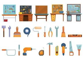 Garage tools board icons set cartoon vector. Interior workshop vector