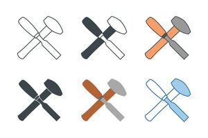 carpentry woodword mechanic hammer chisel cross icon collection with different styles. Chisel and Hammer icon symbol vector illustration isolated on white background