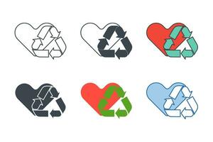 reciclaje símbolo con corazón icono colección con diferente estilos. corazón reciclar icono símbolo vector ilustración aislado en blanco antecedentes