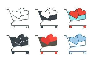 Shopping Cart with Heart icon collection with different styles. charity trolley, cart with a heart icon symbol vector illustration isolated on white background