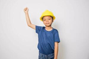 Boy wearing yellow hat  engineer idea photo