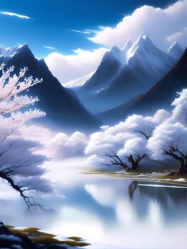 Painting Of Snowy Mountains With Lake And White Trees. Generative AI photo