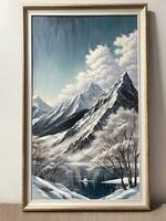 Framed Painting Art Of Snowy Mountains With Lake And White Trees. Generative AI photo