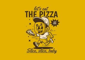 Let's eat the pizza. Boy character running and holding a slice pizza vector