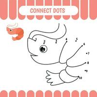 Dot to dot activity worksheet for preschool kids.  Connect dots. Shrimp. Vector Illustration.