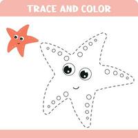 Handwriting practice for kids with Trace and color the starfish . Educational activity worksheets. vector