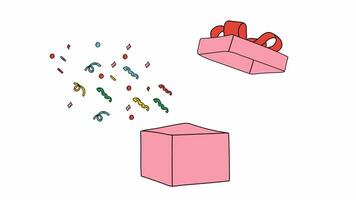 animation cadeau boîte avec confettis. plat style. présent paquet avec éclatement éléments, surprise à l'intérieur. 4k vidéo images, alpha canal transparence video