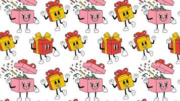 Seamless pattern with Cute Cartoon box gift character animation Loop Background. Video flat cartoon animation design element. 4K video footage