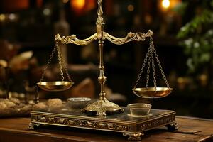 Golden scales of justice on a wooden table with a blurred background. Generated by artificial intelligence photo