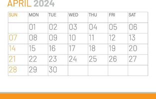 Calendar April 2024, corporate design template vector. Desk calendar 2024 vector