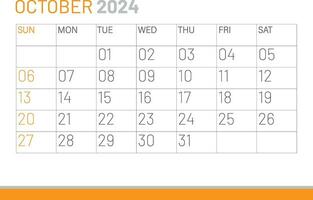 Calendar October 2024, corporate design template vector. Desk calendar 2024 vector