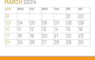 Calendar March 2024, corporate design template vector. Desk calendar 2024 vector