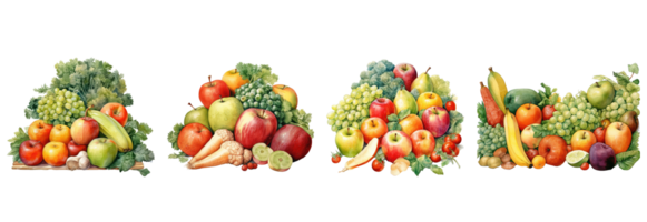 watercolor variety of fruits and veggies like apples, orange, bananas, kiwi, carrots, broccoli . AI Generated png