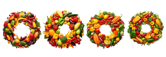 Gemüse Kranz geschmückt mit tropisch Früchte und Gemüse mögen Pfeffer, Mangos, und Bananen . ai generiert png