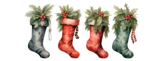 Watercolor stockings Design watercolor Christmas stockings hung by the fireplace, each with its own unique design and festive embellishments . AI Generated png