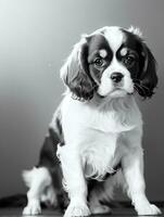 Happy Cavalier King Charles Spaniel Dog Black and White Monochrome Photo in Studio Lighting