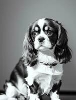 Happy Cavalier King Charles Spaniel Dog Black and White Monochrome Photo in Studio Lighting