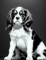 Happy Cavalier King Charles Spaniel Dog Black and White Monochrome Photo in Studio Lighting