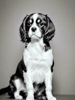 Happy Cavalier King Charles Spaniel Dog Black and White Monochrome Photo in Studio Lighting