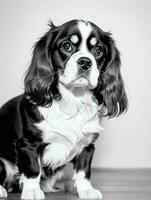 Happy Cavalier King Charles Spaniel Dog Black and White Monochrome Photo in Studio Lighting