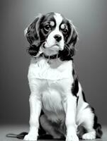 Happy Cavalier King Charles Spaniel Dog Black and White Monochrome Photo in Studio Lighting