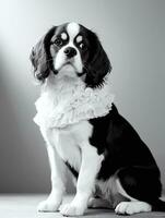 contento caballero Rey Charles spaniel perro negro y blanco monocromo foto en estudio Encendiendo