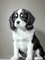 Happy Cavalier King Charles Spaniel Dog Black and White Monochrome Photo in Studio Lighting