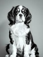 Happy Cavalier King Charles Spaniel Dog Black and White Monochrome Photo in Studio Lighting