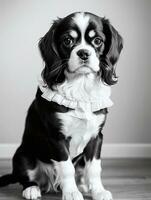 Happy Cavalier King Charles Spaniel Dog Black and White Monochrome Photo in Studio Lighting