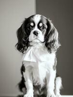 contento caballero Rey Charles spaniel perro negro y blanco monocromo foto en estudio Encendiendo