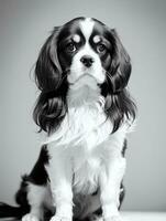 contento caballero Rey Charles spaniel perro negro y blanco monocromo foto en estudio Encendiendo