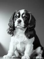 Happy Cavalier King Charles Spaniel Dog Black and White Monochrome Photo in Studio Lighting