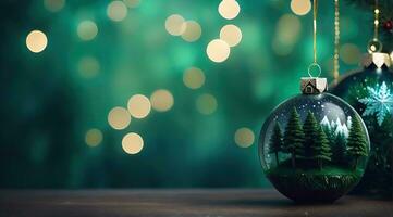 ai generative, christmas winter background in a shiny Christmas ball ornament decoration photo