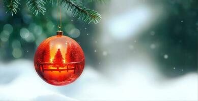 ai generative, christmas winter background in a shiny Christmas ball ornament decoration photo