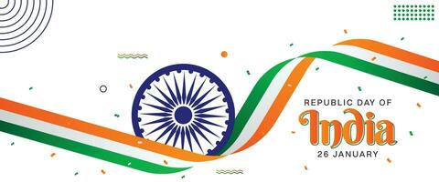 Happy Republic Day with 26 Janurary Text Banner Template, Republic Day Typography and Modern Vector Calligrphy Design. Tri Color India Flag with 3D Ashoka Wheel Decorated Background Design