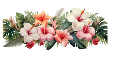 palma hojas, tropical blanco y rosado flores y tropical hojas composición . ai generado png