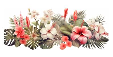 palm leaves, tropical white and pink flowers and tropical leaves composition . AI Generated png