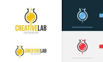 logo diseño icono símbolo firmar químico laboratorio tubo líquido molécula átomo bombilla lámpara resplandor inteligente idea vector