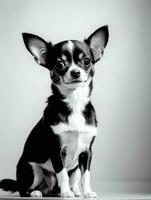 contento chihuahua perro negro y blanco monocromo foto en estudio Encendiendo