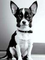 contento chihuahua perro negro y blanco monocromo foto en estudio Encendiendo