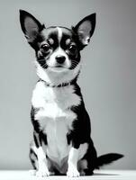 Happy Chihuahua Dog Black and White Monochrome Photo in Studio Lighting