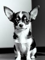 Happy Chihuahua Dog Black and White Monochrome Photo in Studio Lighting