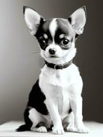 Happy Chihuahua Dog Black and White Monochrome Photo in Studio Lighting