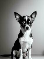 contento chihuahua perro negro y blanco monocromo foto en estudio Encendiendo