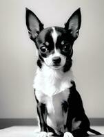 Happy Chihuahua Dog Black and White Monochrome Photo in Studio Lighting