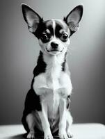 Happy Chihuahua Dog Black and White Monochrome Photo in Studio Lighting