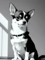 Happy Chihuahua Dog Black and White Monochrome Photo in Studio Lighting