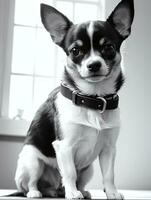 Happy Chihuahua Dog Black and White Monochrome Photo in Studio Lighting