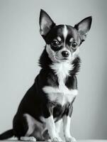 Happy Chihuahua Dog Black and White Monochrome Photo in Studio Lighting