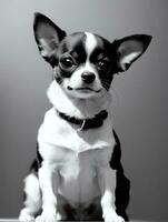 Happy Chihuahua Dog Black and White Monochrome Photo in Studio Lighting